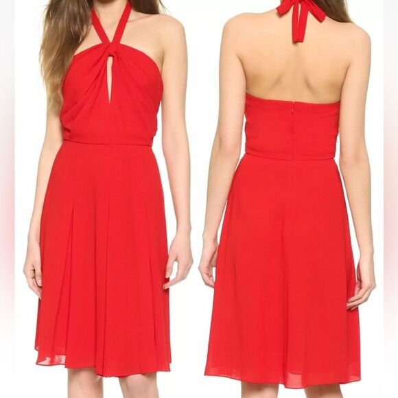 L’AGENCE Crepe Crimson Red Halter A-line Midi Evening Cocktail Dress Size 2 - Picture 1 of 11